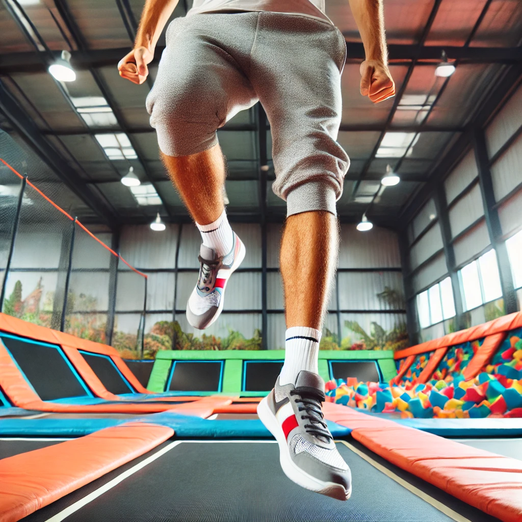 Adult jumping in indoor trampoline park